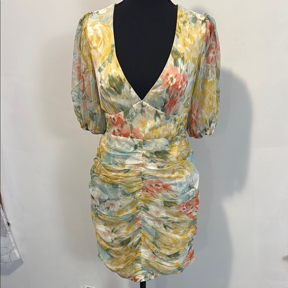 Floral V-Neck Ruched Dress